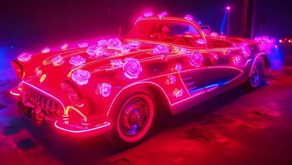 Wall Mural - A red convertible adorned with neon roses representing the car