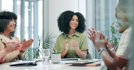 Canvas Print - Applause, shaking hands and business people in office for meeting with deal, partnership or agreement. Clapping, teamwork and group of professional creative designers with handshake in workplace.