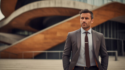 Wall Mural - Serious  bearded latin man in a suit in front of a modern office building, office worker, bank employee, boss.