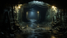 Spooky Old Factory, Abandoned Underground, Rusty Metal, Dark Corridor Generated By AI