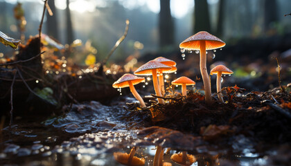 Wall Mural - Freshness of autumn forest, close up of yellow toadstool growth generated by AI