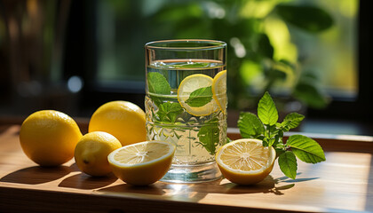 Wall Mural - Fresh lemonade on a wooden table, a slice of citrus generated by AI