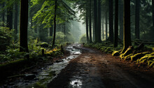 Tranquil Forest Path Reveals Mysterious Beauty In Nature Wilderness Generated By AI