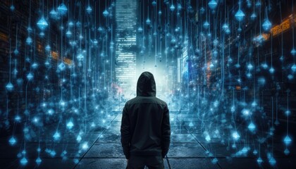 Wall Mural - Anonymous hacker man on his back with black sweatshirt and hoodie, surrounded by blue glowing data network on virtual space background. Cybersecurity, cyberattack, cybercrime concept. Generative AI.