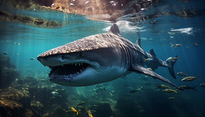 Wall Mural - Majestic underwater giant, swimming with awe in deep blue generated by AI