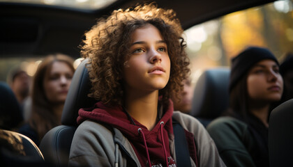 Poster - Young adults smiling, sitting, driving, enjoying road trip adventure together generated by AI