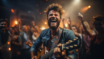 Wall Mural - Young adults enjoying a rock concert, guitarist playing, crowd cheering generated by AI