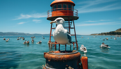 Poster - Seagull sails, freedom in tranquil sunset, nature safety beacon generated by AI