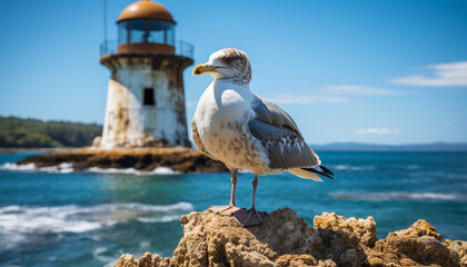 Poster - Seagull perching on rock, enjoying freedom in tranquil seascape generated by AI