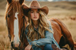 model wearing a cowboy hat and boots in a ranch with a horse