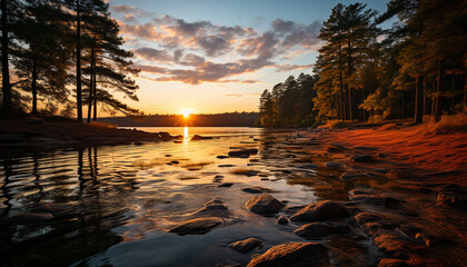 Sticker - Tranquil scene of sunset over mountain and water generated by AI