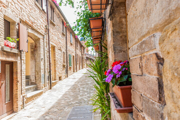 Poster - Sun shining on one side of narrow cobblestone street lined by typical European stone block residential with colourful potted flowers.