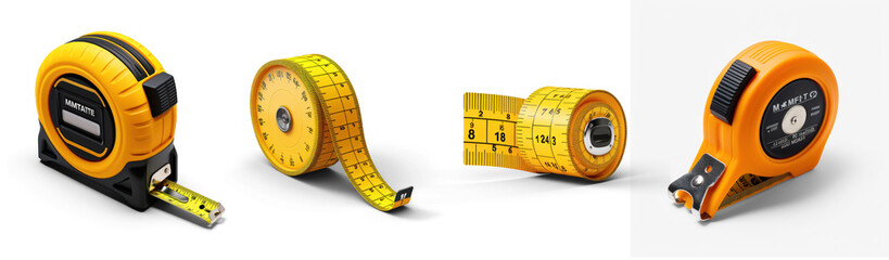 Collection of yellow tape measure stretching out over a white surface