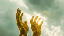 A Pair Of Golden Hands Reach Out From A Stormy Sky Offering A Choice Between Redemption And Damnation To A Troubled Mortal.