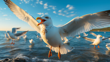 Poster - Seagull flying freely, wings spread, in nature tranquil sunset generated by AI