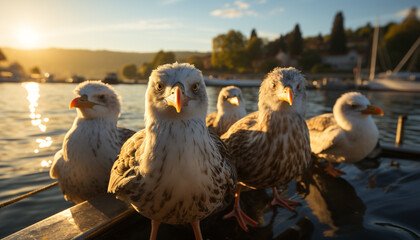 Poster - Duck and seagull enjoy sunset on nautical vessel, nature beauty generated by AI