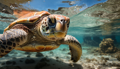 Wall Mural - Underwater turtle swimming in tropical blue sea generated by AI