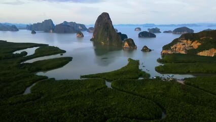 Wall Mural - panorama view of Sametnangshe, view of mountains in Phangnga Bay with mangrove forest in Andaman sea with evening twilight sky, travel destination in Phangnga, Thailand