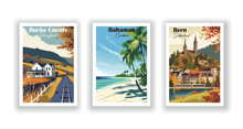 Bahamas, Caribbean. Bern, Switzerland. Bucks County, Pennsylvania - Vintage Travel Poster. High Quality Prints.