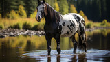 Fototapeta Dinusie - A horse grazes peacefully by the tranquil pond at sunset generated by AI