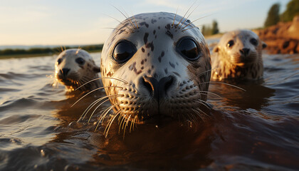 Poster - Cute puppy and playful seal swimming in blue water generated by AI