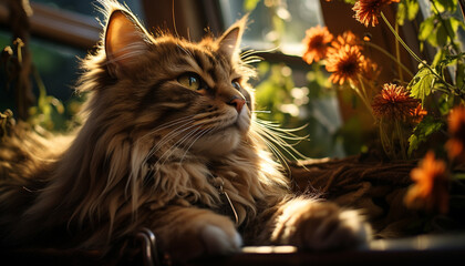 Canvas Print - Cute kitten sitting in grass, looking at nature beauty generated by AI