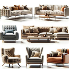 collection of trendy and comfortable sofas, each isolated on a white background. The set includes a variety of sofa styles, such as a modern section