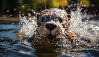 Sticker - Cute seal swimming, looking at camera, playful in water generated by AI