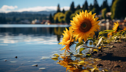 Poster - Sunflower, yellow beauty in nature, outdoors, vibrant color, green meadow generated by AI