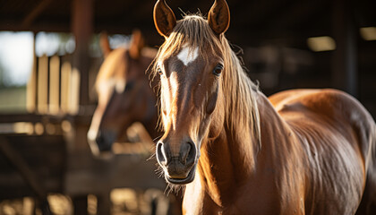 Poster - Beautiful stallion grazing in the meadow under the summer sun generated by AI