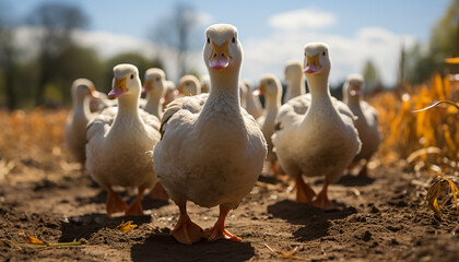 Canvas Print - Cute ducklings waddling in the meadow, enjoying the outdoors generated by AI