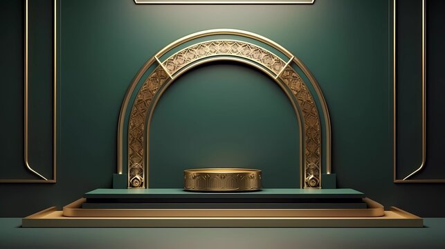 3d illustration of Luxury Islamic Podium with gold border, traditional Islamic window frame. Horizontal Arabic banner for product exhibition, green background. generative ai