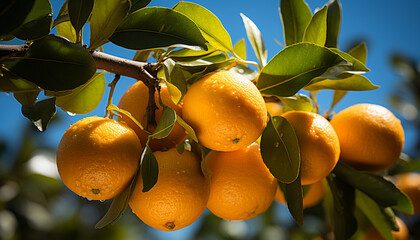 Wall Mural - Fresh citrus fruit hanging from a vibrant lemon tree generated by AI