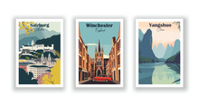 Salzburg, Austria. Winchester, England. Yangshuo, China - Vintage Travel Poster. High Quality Prints