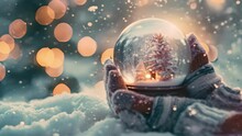 A closeup of a pair of mittened hands holding a snow globe with a miniature winter wonderland inside and a soft light illuminating the surrounding snow.