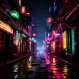 Fototapeta Londyn - Cyberpunk alleyway with rain-soaked neon lights.