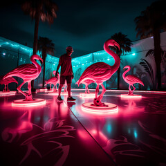 Wall Mural - Rollerblading flamingos in a neon-lit park.