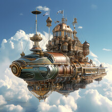 Steampunk-inspired Flying Machine In The Sky.