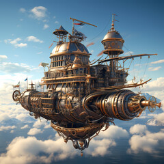 Sticker - Steampunk-inspired flying machine in the sky.