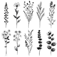 Wall Mural - set of black and white flowers