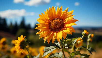 Wall Mural - Bright sunflower in meadow, nature beauty in vibrant yellow generated by AI