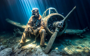 Wall Mural - The skeletal remains of a World War 2 pilot dressed in his uniform sits near hist crashed fighter aircraft at the bottom of the sea 