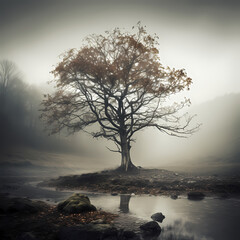 A lone tree in a misty forest.