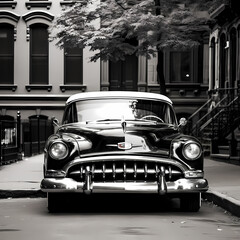 Sticker - A black and white photo of a classic car.