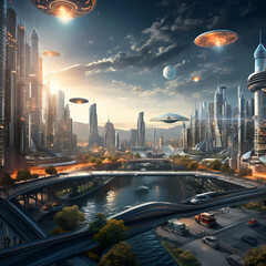 Canvas Print - A futuristic cityscape with flying cars.