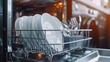 © Natalia - Dishwasher with plates and utensils inside. Generative AI.