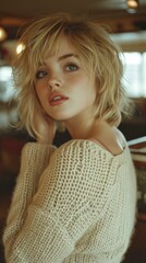 Poster - A beautiful blonde woman with a short haircut. Generative AI.