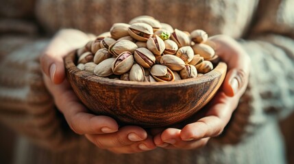 Poster - A woman holding a bowl of pistachios. Generative AI.