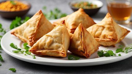 Wall Mural - A close up shot of chicken samosas arranged artfully on a clean white plate and zoom in to reveal the intricate layers of the flaky pastry and the savory filling bursting with flavor