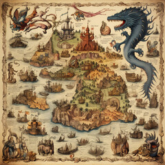 Sticker - Ancient map with mythical creatures and landmarks. 